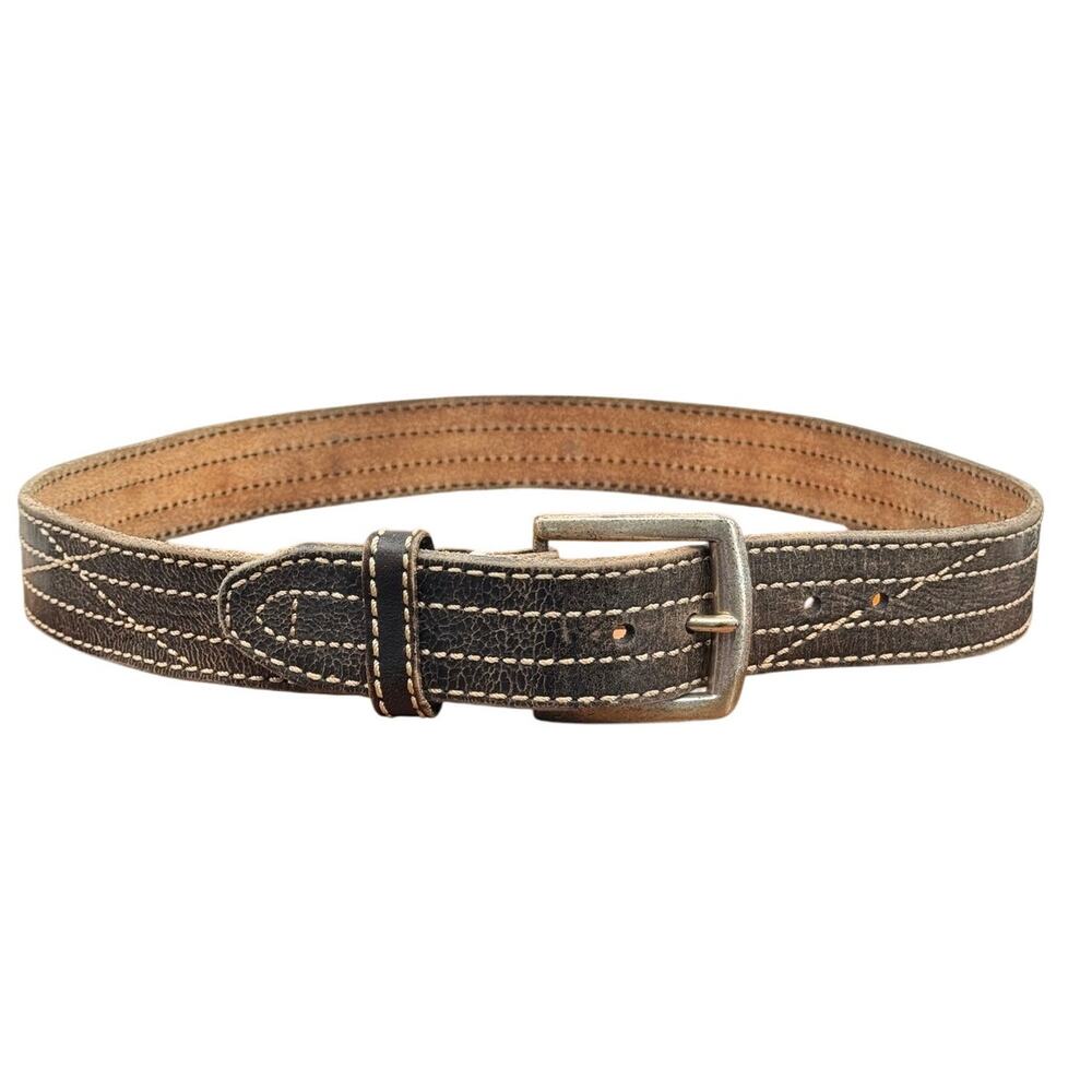 Lucky Brand Leather Stitched Belt 40 Men’s 2.5” Wide Brown Thick Silver Buckle